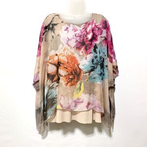 Ali Miles Blouse Size Large Floral Overlay Layered Pleated Top Artsy Boho